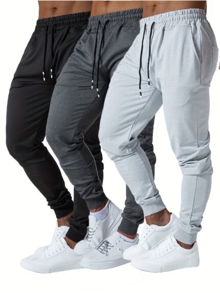 3pcs Men's Jogger Sweatpants - Ultra Elastic Waist with Deep Side Pockets, Cotton Blend, Ideal for Gym & Running, Machine Washable - Black, Navy, Gray