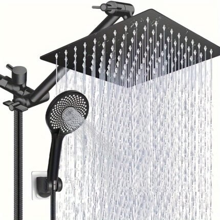 1pc Shower Head, Stainless Steel Electroplated Black Top Spray with 3 Water Flow Modes, Handheld Shower, Adjustable Angle Metal Extension Rod, 11 Inches/59 Inch Stainless Steel Hose, Bathroom Accessory for 10/12 Inches