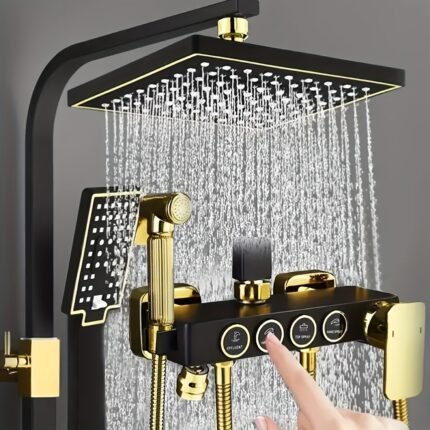 Luxury Brass Shower System Kit with 8-Inch Rainfall & Handheld Showerhead, 4-Function Bathtub Faucet Set, Sleek Black & Golden Finish, Wall Mounted, Hot & Cold Water Mixer, Contemporary Square Design - No Electricity Required, Shower Accessories
