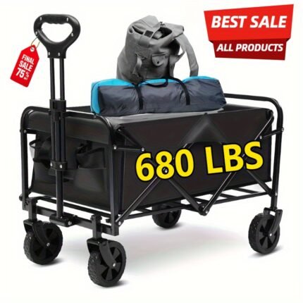 220LBS/ 450LBS/ 680LBS All Terrain Heavy Duty Folding Cart, Large Capacity Camper Suitable for Yard Shopping/ Sports/ Outdoor/ Gardening Equipment Handling, Black Multifunctional Utility Cart