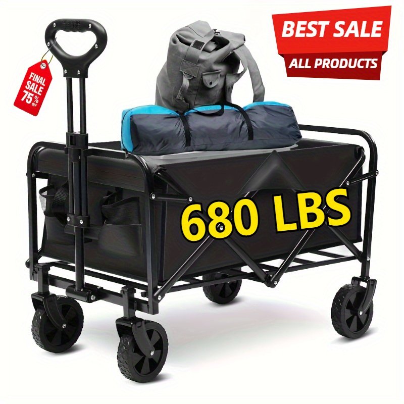 9cb1784444554551b2eb8a11f70b803a-goods-1.jpeg 220LBS/ 450LBS/ 680LBS All Terrain Heavy Duty Folding Cart, Large Capacity Camper Suitable for Yard Shopping/ Sports/ Outdoor/ Gardening Equipment Handling, Black Multifunctional Utility Cart - Image 1