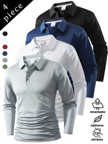 4pcs Men'S Long Sleeve Polo Shirts - Breathable, Soft & Comfortable Polyester, Solid Color (Red, Blue, Black, Green) - Casual & Sporty Style for Spring/Fall, Spring Fall Apparel | Classic Collar Design | Smooth Texture Fabric