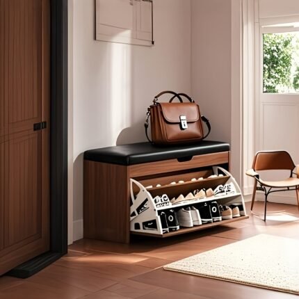 Shoe Bench with Flip-Drawer and Seat Cushion, Freestanding Shoe Rack for Entryway