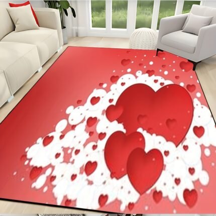 Plush Black & White Heart Design Mat - 84x60 Inch, Soft Sponge Fabric, Machine Washable, Multi-Surface Protection for Living Room, Bedroom, or Gaming Setup, Living Room Mat | Heart Pattern Mat | Machine Washable Mat, Rugs for Living Room
