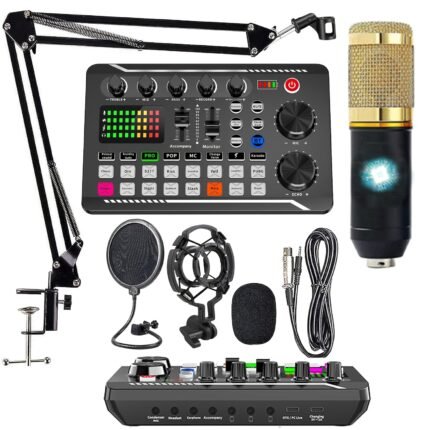 Podcast Equipment Bundle, Mic Kit with Live Sound Card, Adjustable Mic Suspension Scissor Arm, Metal Shock Mount And Double-Layer Pop Filter for Studio Recording & Broadcasting