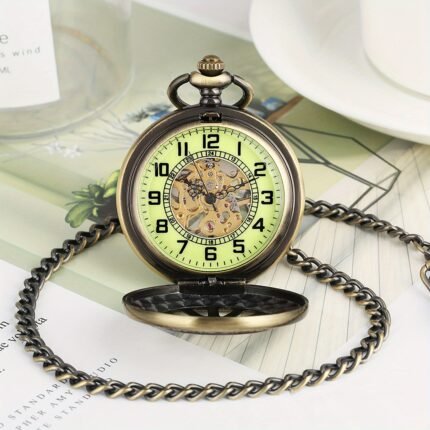 Classic Mechanical Pocket Watch Skeleton Vintage Luminous Pocket Watch Roman Numberals Dial Pocket Watch