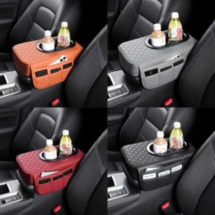Universal Car Armrest Box Cover, Faux PU Leather Center Console Mat with 2 Side Pockets +2 Cup Holders Multi-Function Storage for Phone/Water Bottle/Cards Compatible with Most Models, 3pcs Tissue Holder Replacement Set-1
