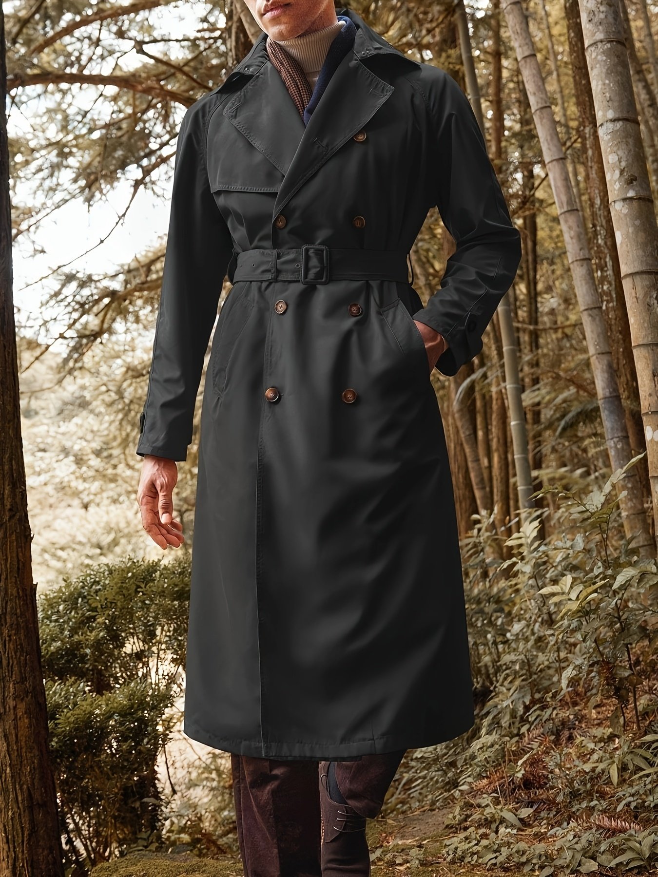 9f3da5b1-2ce4-4ef2-bf96-d6915abf78c0.jpg Men's Lightweight Long Trench Coat - Double Breasted, Belted Windbreaker Jacket with Lapel Collar, Casual Overcoat for Spring/Fall, Machine Washable - Image 1