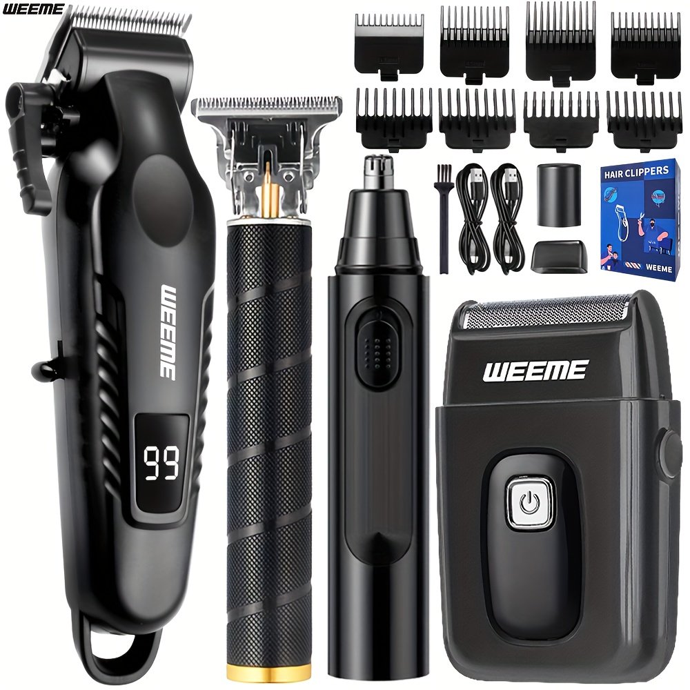 9f768834-cbc8-435d-a749-aa3d6ca1b173.jpg WEEME 4pcs for Man's Grooming Kit Electric Hair Clipper + Beard Trimmer + Shaver + Nose Hair Trimmer, USB Rechargeable with LCD Display | Perfect Gift for Dad, Husband, Boyfriend (Father's Day/Birthday) - Image 1