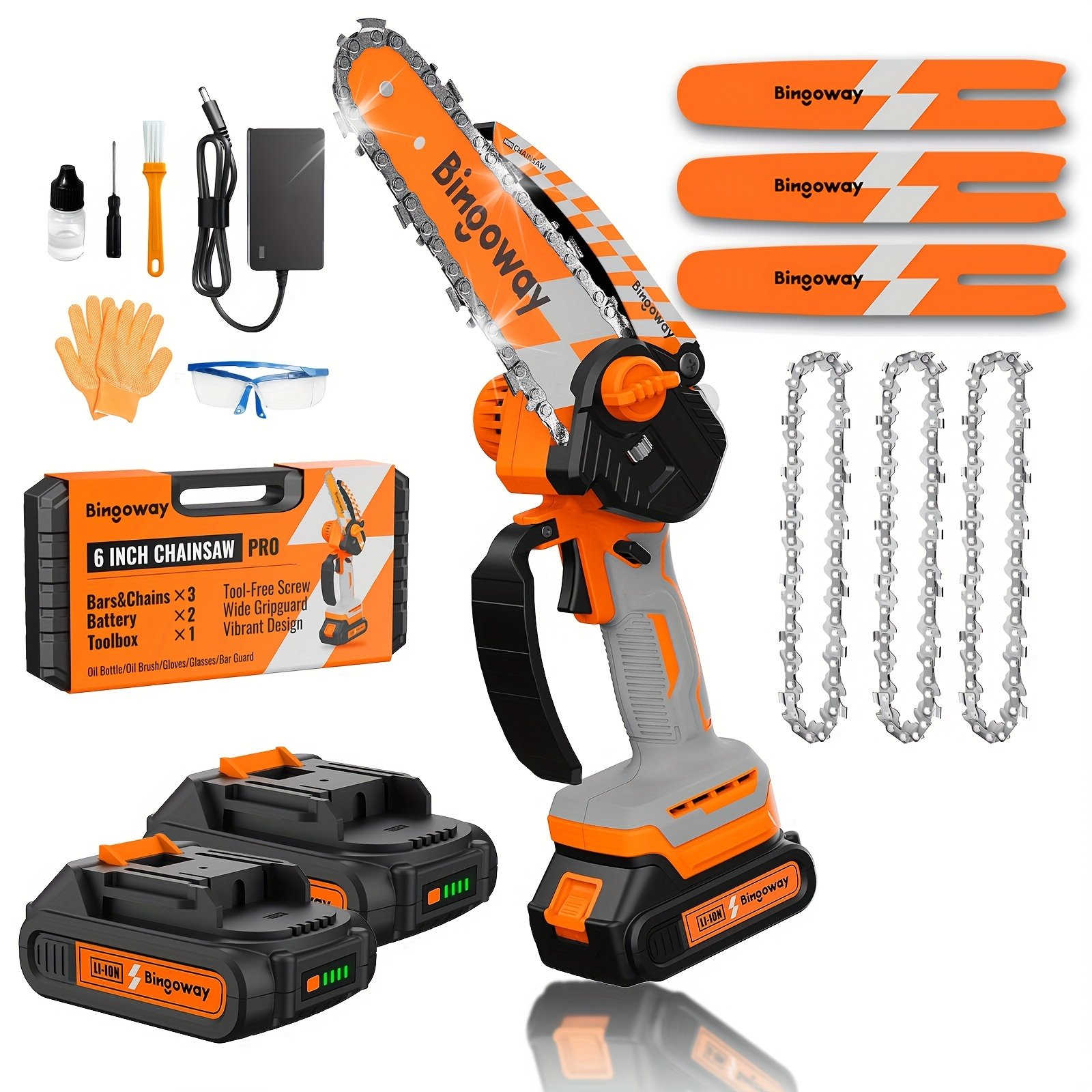 a0394358-4ae7-4081-b828-531a2be4b96e.jpg Bingoway 6 Inch Mini Chainsaw Set Plus, The New Generation Design, Cordless Hand Held Saw for Wood/Trees Trimming, Tools for Household And Garden, 3 Chains, 3 Bars, 2 Packs 2000mAh Batteries, Best Gift for Dad, Father, Husband - Image 1