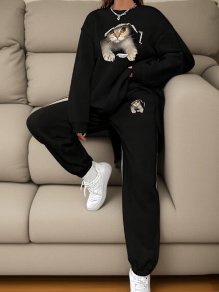 Women's C5+K4 Cat Print Casual Two-Piece Set: Long Sleeve Loose Sweatshirt and Pocket Jogger Pants for Running