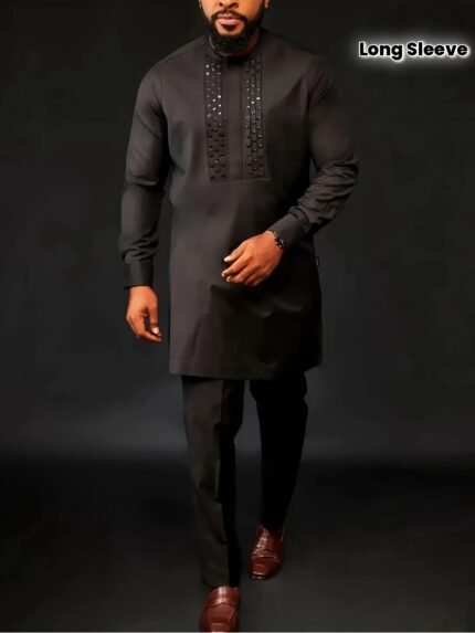 2025 New Traditional Men'S Suit Luxury Gentleman Shirt and Pants Set, African Men'S Outfit with Long Sleeve Ethnic Style Top and Trousers, Full Set of Luxurious Men'S Casual Suit