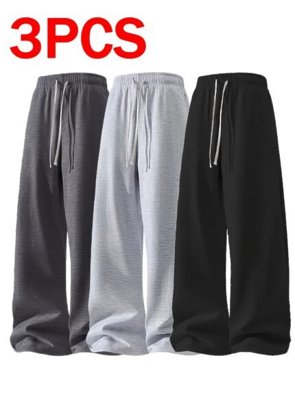3pcs Men's Soft Knit Joggers - Loose-Fit Elastic Waist with Drawstring & Double Side Pockets, All-Season Casual & Athletic Pants in Black/Grey/Charcoal - Machine Washable Comfortable Trousers, Joggers for Men