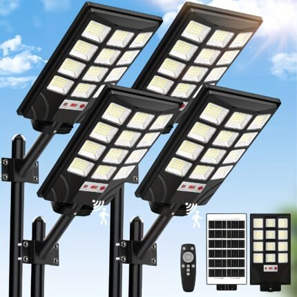 4 Packs/2 Packs Of Solar Street Lights With 400 LED Lights, 6500K Waterproof Sensor Solar Floodlights With Remote Control, For Nighttime Illumination In Commercial Areas And Parking Lots, From Dusk Till Dawn.