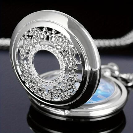 An Elegant Pendant Gift with A Beautiful Hollow Stainless Steel Silvery Necklace Pocket Watch Starry Surface