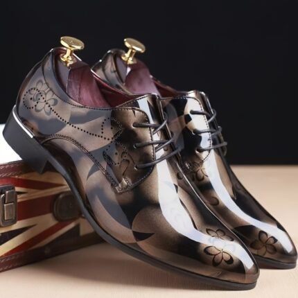 1pair Men'S Fashion Floral Pattern Faux Oxfords - Pointed Toe Low Top Dress Shoes, Casual Rock Style, All-Season Slip-On Lace-Up for Wedding, Party, Business, Tuxedo - Durable Rubber Sole