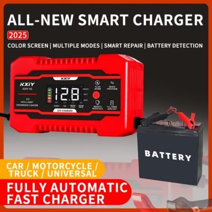 12V Smart Battery Charger With LCD Display 5A Pulse Repair, Temperature Compensation - Automotive And Motorcycle Battery Maintenance Desulfurizer Overcharge And Short Circuit Protection Suitable For 4-100Ah Lead Acid Batteries Small Charger, Without Battery