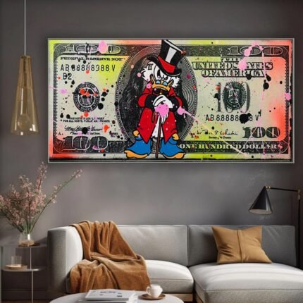 1pc Unframed Canvas Poster - Pop Art Wall Art Print, Modern Street Art Decor with Cartoon Character on Money Bill, Rich Duck Illustration for Living Room, Bedroom, Office Home Decor, Bedroom Wall Art | Playful Wall Art | Vibrant Print, Canvas Wall Art