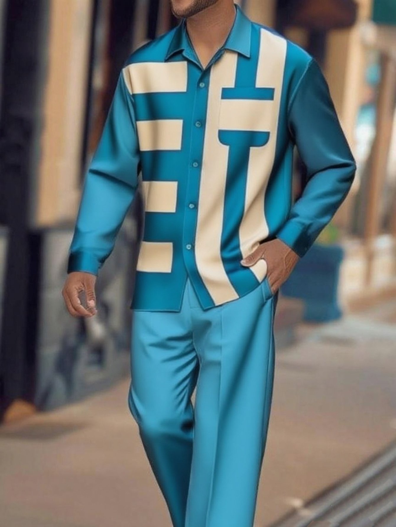 a34fab34177740378eb487394552ec95-goods.jpeg 2pcs set, Men's long-sleeved button- shirt trouser suit, geometric contrasting Men's suit, purple bottom line design, daily commuting street wear casual party scene daily wear, Office Casual, Streetwear Fashion, Geometric Design, Contemporary Fashion, Durable Fabric, Breathable Material, Matching Trousers, Buttondown Pants, Urban Streetwear, Fashionforward Men - Image 1