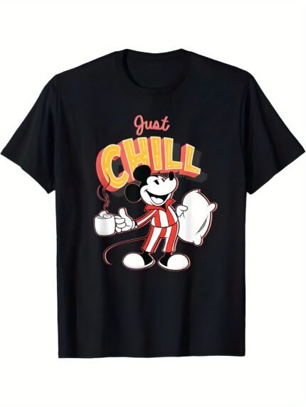 Disney Mickey Mouse 'Just Chill' Retro Graphic T-Shirt for Men & Women - Soft Cotton Casual Tee, Black, S~XXXL, 180g, Machine Washable, All-Season Comfort Fit, Disney Shirts