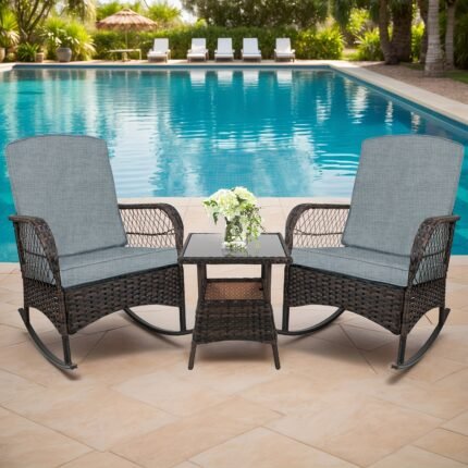 LEVELEVE 3pcs Rocking Bistro Set Conversation Chairs PE Wicker Outdoor Rocking Chairs