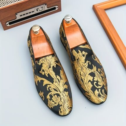 Men's Slip-On Loafers - Black & Golden Floral Print, Breathable, Non-Slip Rubber Sole, Pointed Toe Casual Shoes for Casual Attire, Comfortable Slipons | Elegant Slipons | Durable Traction Footwear