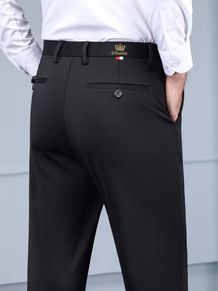 [Comfort Pants] Stretch Comfort Men's Casual Pants | All-Season Wrinkle-Resistant Straight-Leg Trousers with Geometric Embroidery Detail, Mid-Rise Regular Fit for Business & Casual Attire - Black, Comfy Pants