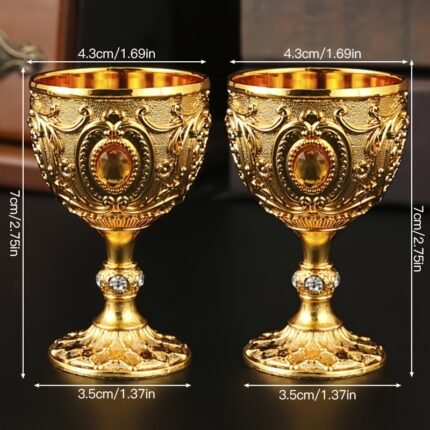 2pcs Vintage Medieval Style Imitation Renaissance Chalice Goblets, Luxurious Golden Finish with Ornate Floral Patterns, Handcrafted Metal Cups for Housewarming Gifts, Special Occasions, and Decorative Use