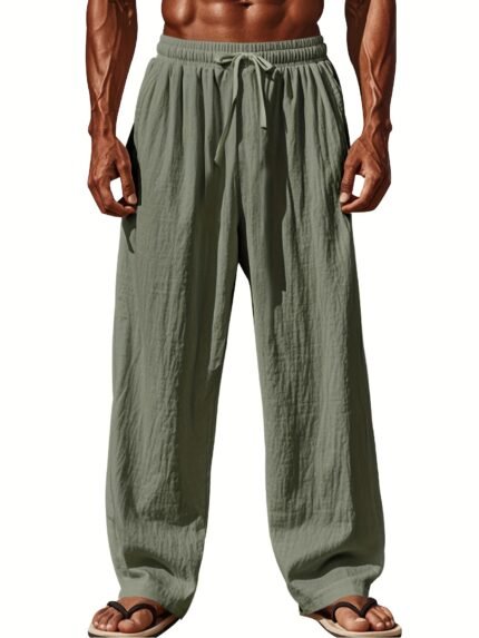 Men'S Casual Linen Joggers - Solid Color Drawstring Waist Wide-Leg Pants for Spring/Fall, Breathable & Comfortable for Beach, Gym, or Casual Attire, Jogging Pants, Gym Workout Pants, Relaxed Fit Pants, Nonstretch Fabric