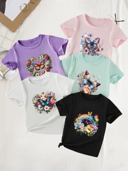 5pcs Girls' Summer T-Shirts with Butterfly & Floral Prints - Comfy Polyester Blend, Crew Neck, Short Sleeve Casual Tops