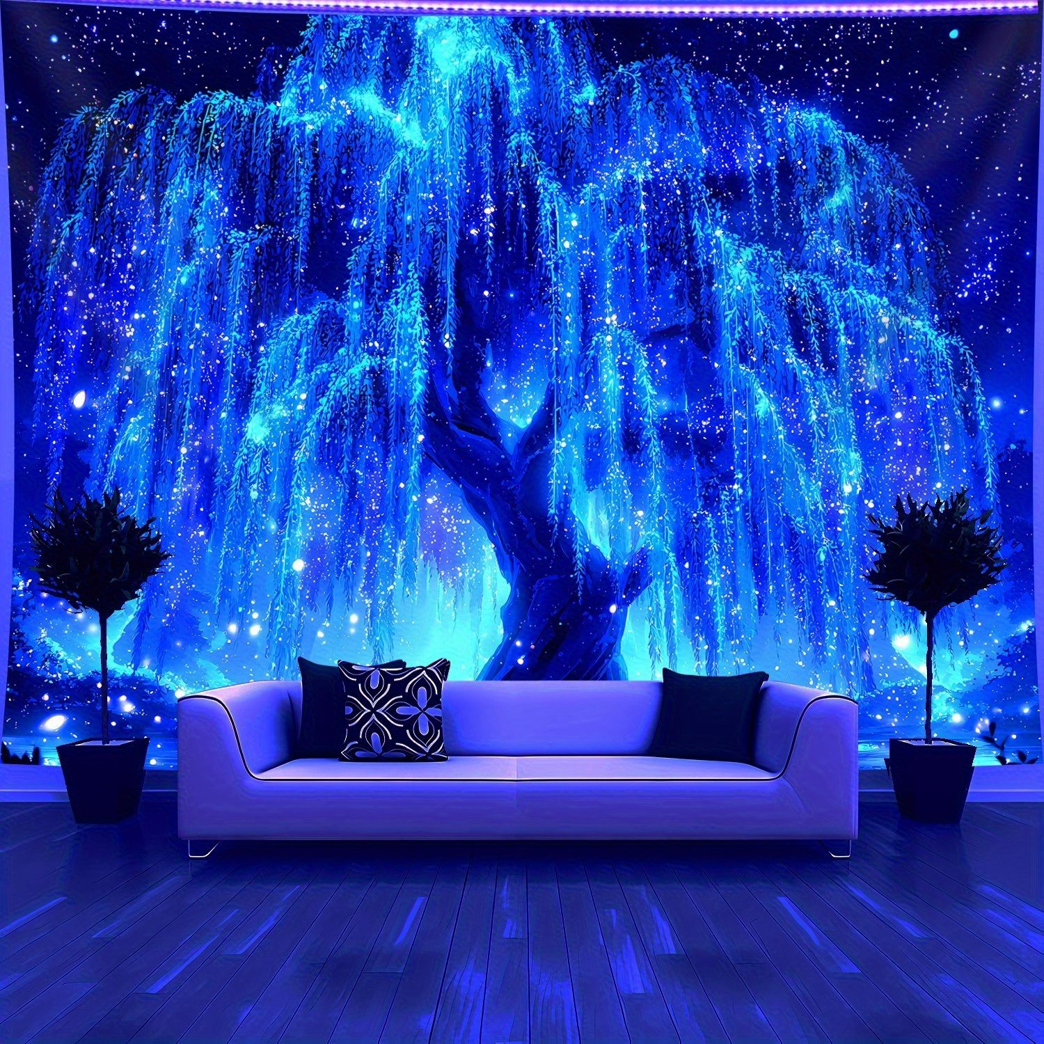 a67c46af0ee7435ab77d74f64806bd00-goods.jpeg 1pc Brilliant Starry Sky Tree of Life- Glows Under Fluorescent Light- Large Size Fluorescent Printed Tapestry, Bedroom Aesthetic Hanging Tapestry, for Party Celebrations, Home Decoration, Fabric Wall Decoration, No Installation Required - Image 1
