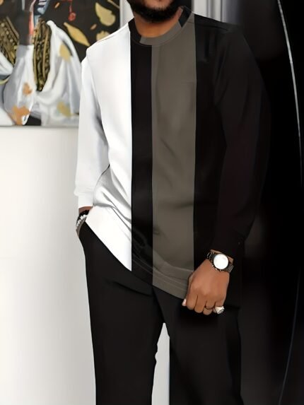 Men'S Casual Crew Neck Long-Sleeve Trousersuit, Geometric Pattern Split Print, Breathable Skin-Friendly Knit Polyester, All-Season Regular Fit with Pockets, 160g/m² Fabric Weight