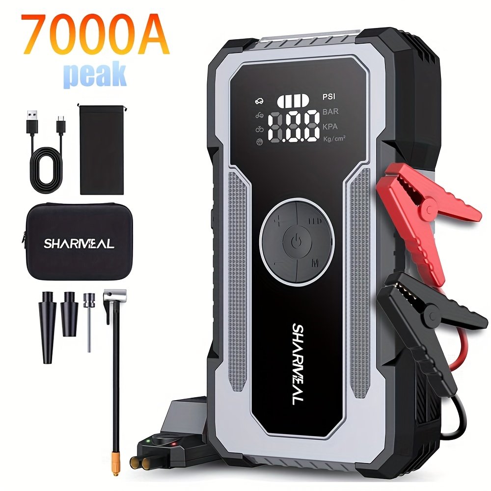 a6f2446b-6495-4dca-a4c6-d7d1be985ba1.jpg Sharmeal 5000A/6000A/7000A Portable Car Jump Starter with Air Compressor, Battery Jump Starter, Car Battery Charger for 12V(2.64gal Gas/2.38gal Diesel Engines-Moto, SUV, Truck) Start The Car Quickly, USB Input/output, LED Emergency, Car Accessories Tools - Image 1