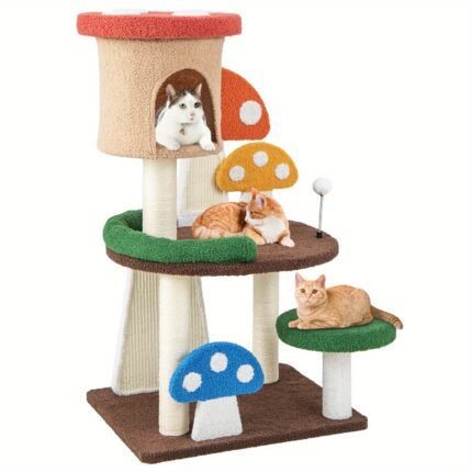 PETSITE Deluxe 4-in-1 Mushroom Cat Tree - Multi-Level Tower with Cozy Condo, Play Platforms & Interactive Spring Ball - Sisal Scratching Posts & Plush Fabric for Ultimate Kitten Fun