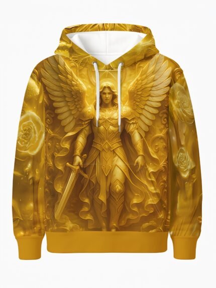Men's 3D Printed Golden Winged Warrior Angel Hoodie - All-Over HD Graphic Mythology-Inspired Streetwear, Premium Comfortable Pullover with Hood, Casual Winter Wear & Fantasy Fashion, Machine Washable Regular Fit Sweatshirt