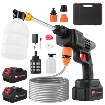 LOVEWE 300 Watt Cordless High Pressure Electric Car Wash - Equipped with 6-in-1 Nozzle, 1.3GPM Handheld Car Wash Gun, for Car Wash/Home/Floor/Garden Cleaning, Includes 2 X 15000mAh Batteries, 60 Minutes Battery Life