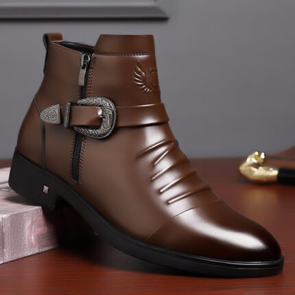 Men's Vintage Western Style Ankle Boots with a Convenient Side Zipper and Ornate Carved Buckle, Featuring a Pointed Toe and Unique Pleated Vamp for a Stylish Biker Formal Look.