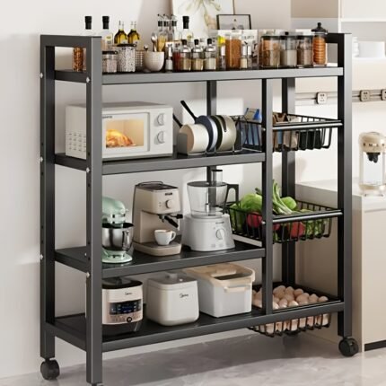 1pc Duty Adjustable Kitchen Storage Rack - Extra Tall Mobile Organizer With Locking Wheels, Space-Saving Stainless Steel Shelving For Kitchen, Pantry, Sturdy Construction, Durable Shelving Unit, Food Storage Room, Multifunctional Storage Rack