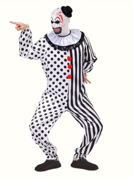 ATTBEA Men's Black & White Spotted Clown Jumpsuit With Mask And Hat, Men's Halloween Party Attire