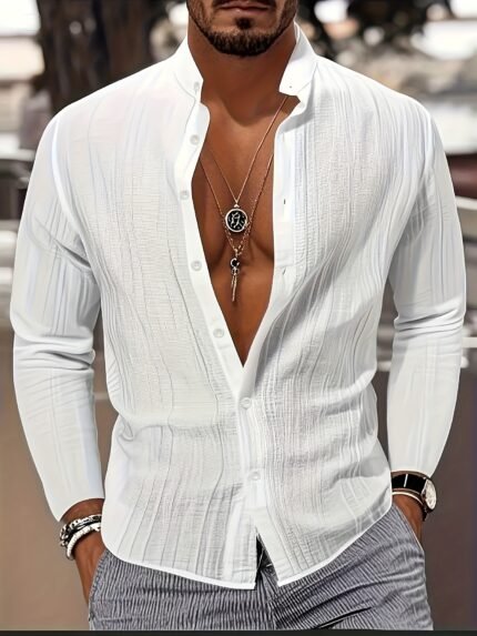 Lightweight Long Sleeve Men's Shirt - Quick-Dry Button-Up Beach Dress, Stand Collar White for Formal and Casual Occasions, Suitable Poolside Wear or Office Attire Machine washable Summer Clothing, Classic Design, Nonstretch Material, Breathable Fabric