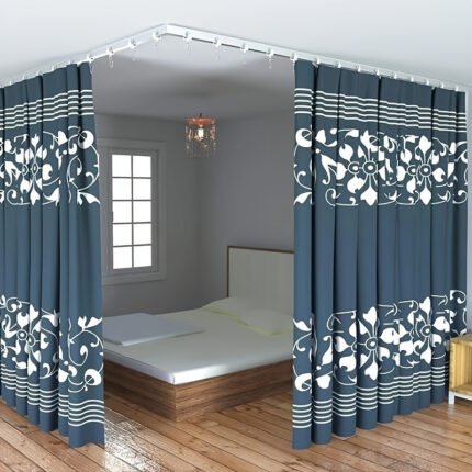 Modern Flexible Ceiling Curtain Track System with Multiple Hooks and Brackets - Navy Blue and White Floral Design, Durable Plastic Suitable for Room Dividers, Bathrooms, and RVs