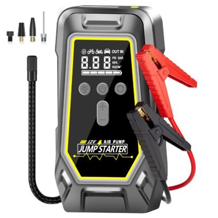 Car Emergency Starter with Air Compressor, 150PSI Car Battery Emergency Starter for 8.0 Gasoline/1.32gal Diesel, 12V Jump Box Car Battery Emergency Starter Portable with Jumper Cables, Large LCD Display, LED Lights