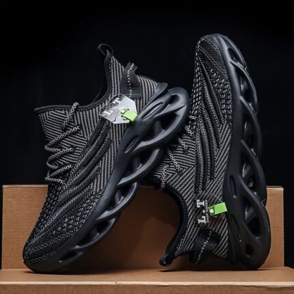 Men's Knit Breathable Running Shoes With Shock Absorption, Lace Up Comfy Soft Sole Sneakers For Outdoor Jogging, Spring And Summer