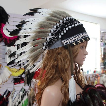 Ethnic Style Indian Feather Headdress Crown - 3D Feather Design, Black And White Pattern, Durable Cellulose, Suitable for Dance Performances, Festivals, Cultural Events - Accessories for Adult Men And Women, Festival Costumes, Traditional Craftsmansh