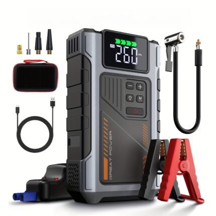 12000mAh Car Jump Starter With Air Compressor | Multifunctional Power BankJump Start Vehicles & Lawn Mowers | LED Emergency Light, Portable Car Jump Starter, Jump Starter With Air Compressor