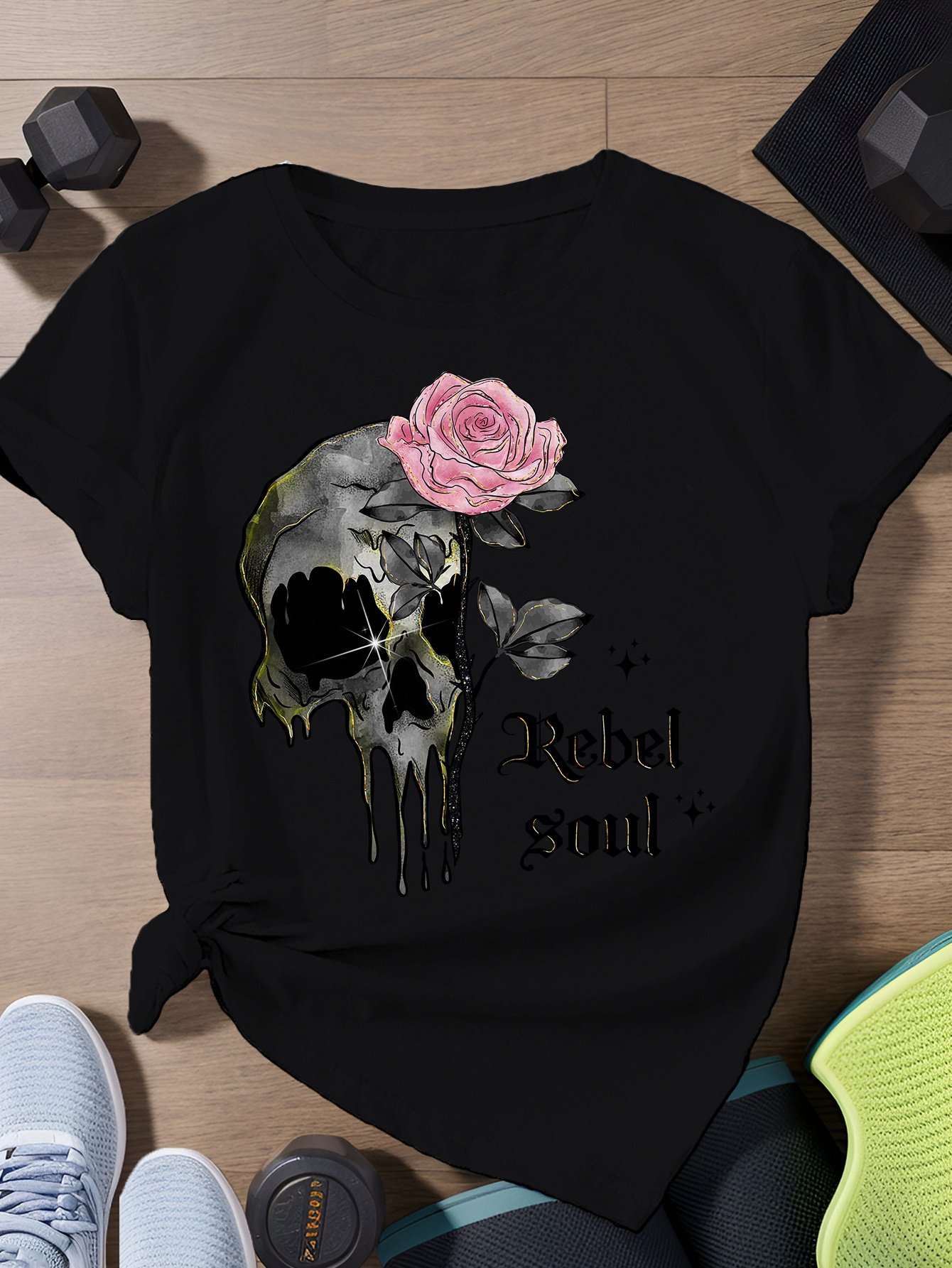 ac25b7fd49b243848fe2f69bcccfea12-goods.jpeg Women's 2025 Summer Crew Neck T-Shirt - Edgy Skull & Pink Rose "Rebel Soul" Graphic Print, Soft Cotton Casual Short Sleeve Tee for Casual Attire, Ladies T Shirts, Comfortable Pullover, Durable Design - Image 1