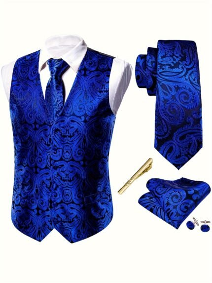 5pcs Men'S Royal Blue Paisley Suit Vest Set, Elegant Jacquard V-Neck Waistcoat with Tie, All-Season Polyester 100% Non-Stretch Fabric, Regular Fit with Button Detail for Formal/Wedding Dress, Plus Size