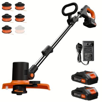 21V Cordless Lawn Mower & Electric String Trimmer 2-in-1 with 2x2.0Ah Batteries & Charger, 12-Inch Path, 5 Replacement Lines & Spool, Heavy-Duty Plastic Construction, Ergonomic Handle for Yard, Garden, Lawn Care - Global Voltage 100-240V, US Plug, Lithium-Ion Powered