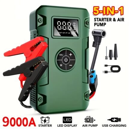 9000/7000/5000A 5-in-1 Multi-functional Emergency Start Power Supply with Air Pump, 150PSL Portable  Battery Starter, Digital Tire Inflator, Portable Vehicle Battery Charger, Suitable for 2.64-gallon Gasoline Or 2.38-gallon Diesel Batteries, Roadside Assistance Tool, Digital Display, Lightweight Inflator, Sturdy Build, Reliable Power Source, Portable Charger, Car Owners, Truck Drivers