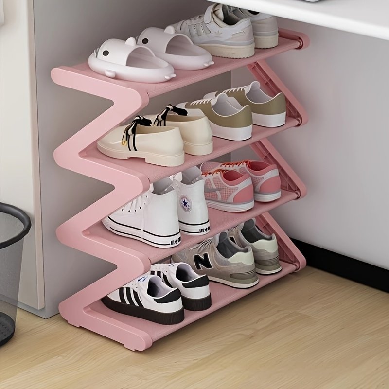 ad351c3c-a3e4-4a3a-875b-c3f3dbb9c686-1.jpg 4-layer pink Z-shaped shoe rack - durable plastic, zero tool assembly, used for floor mounted storage in living rooms, bedrooms, or entrances, easy to stack, suitable for home and dormitory organization, shoe storage solution | modern shoe rack | sta - Image 1